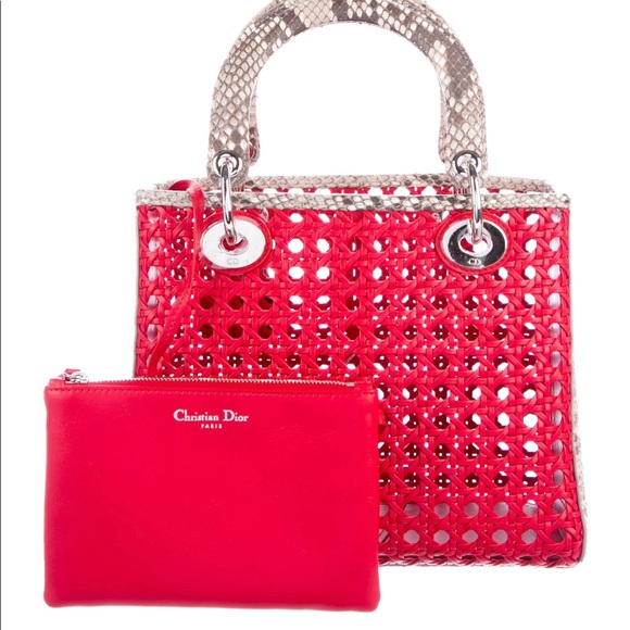 DIOR RED LEATHER caged python DIORISSIMO  tote. - Picture 2 of 8